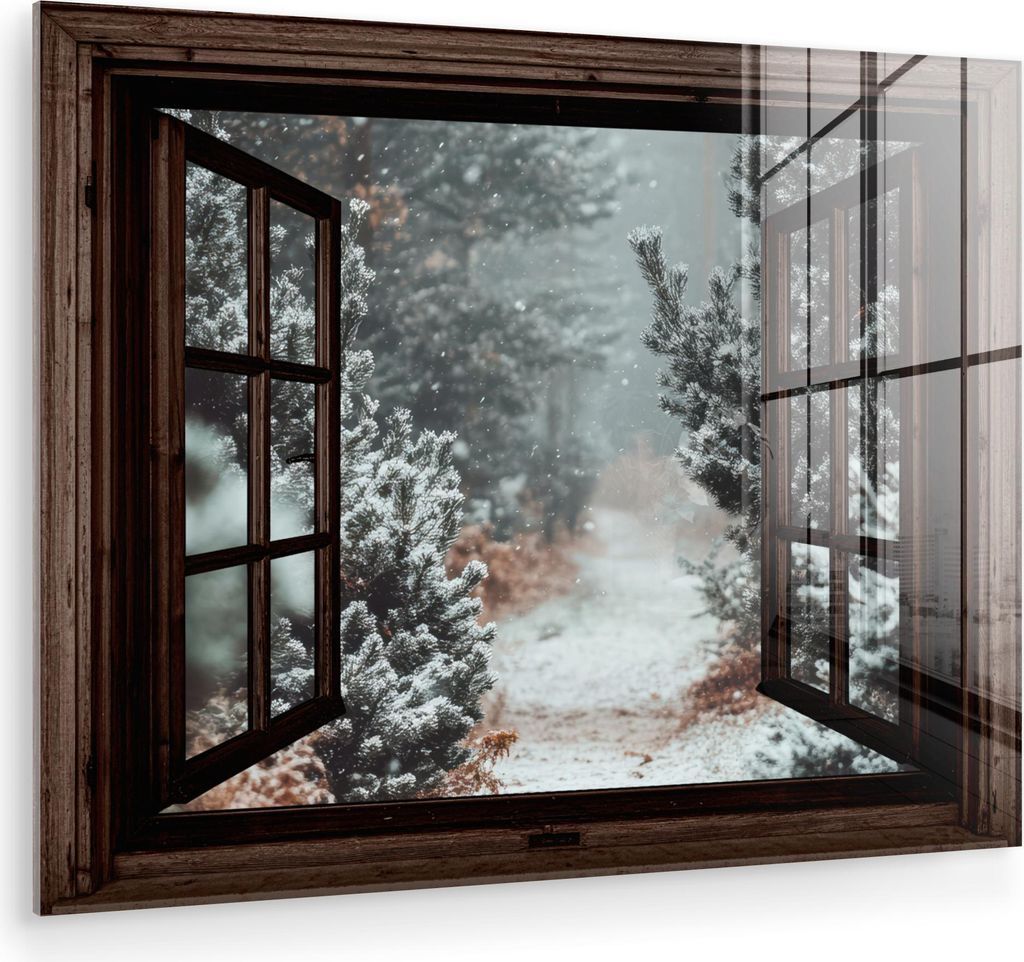 MuchoWow Glasbilder - Bilder auf Wandbild - Foto auf Glas Wald - Winter - Bäume - Natur - Weg - Aussicht 80x60 cm Wanddekoration aus Glas - Acrylg...
