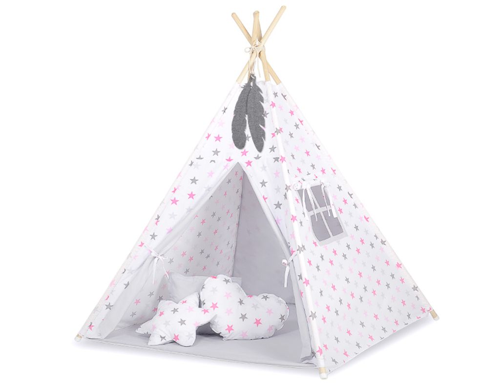 Tipi Zelt für Kinder mit Kissen und Teppich rosa/grau