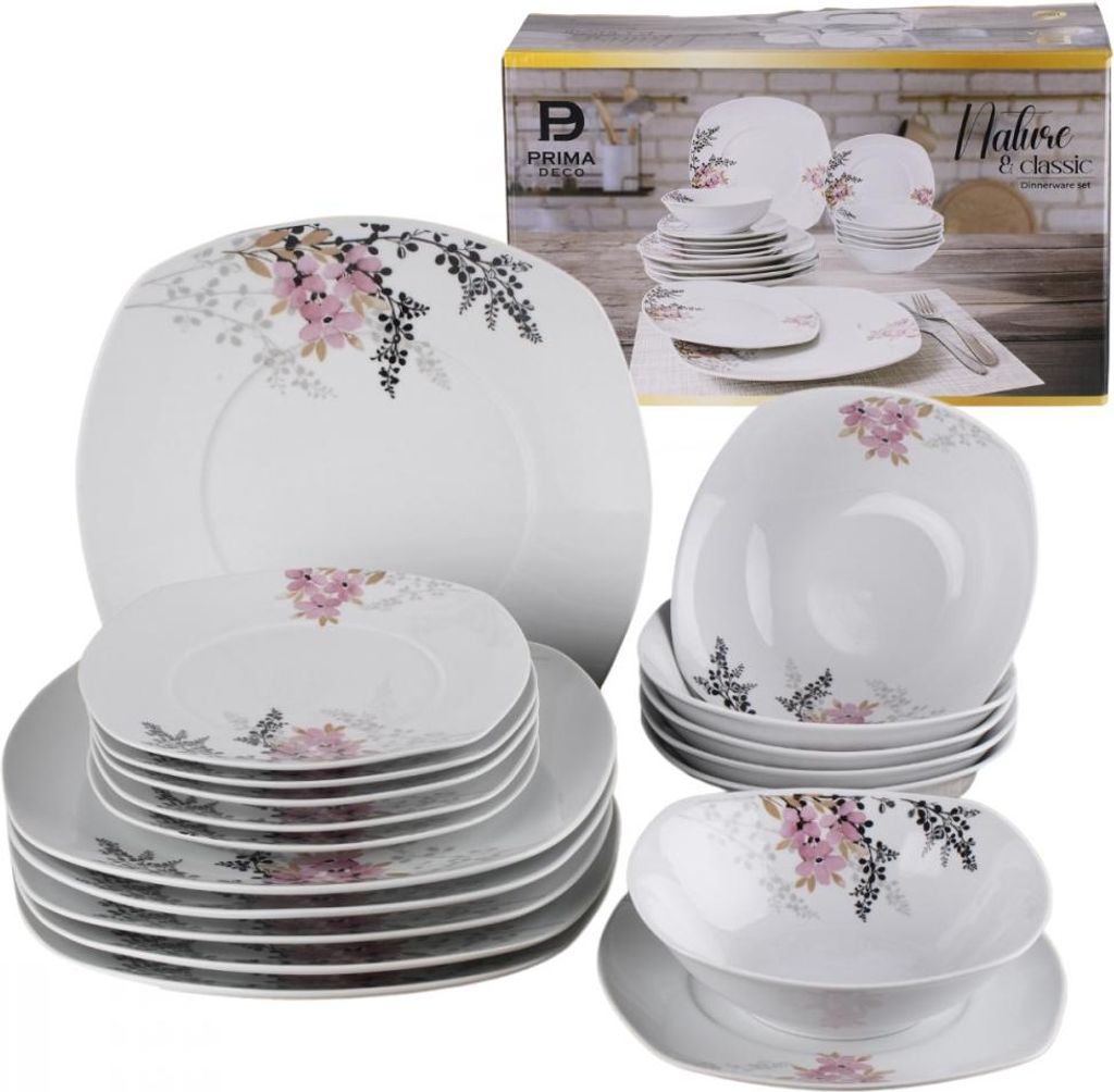 PRIMA DECO Tafelservice für 6 Personen Azalia 18-teiliges quadratisches Tellerset