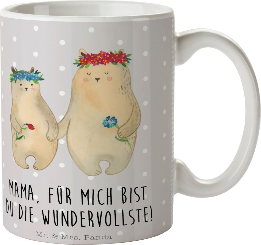 Mr. & Mrs. Panda Kaffeetasse Bären mit Blumenkranz - Grau Pastell - Geschenk, Familie, Mama, Vatertag, Teepott, Teetasse, Kaffeebecher, Muttertag,...