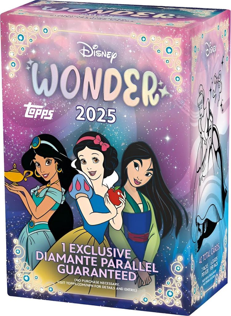 A product box for Topps Disney Wonder 2025 trading cards, featuring illustrations of Disney princesses.