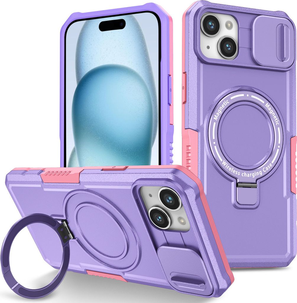 Handyhülle für iPhone 15 /iPhone 14 Kompatibel mit MagSafe, Robuste Hülle mit Schiebe Kamera Schutz, Magnetischer Ringständer Lila