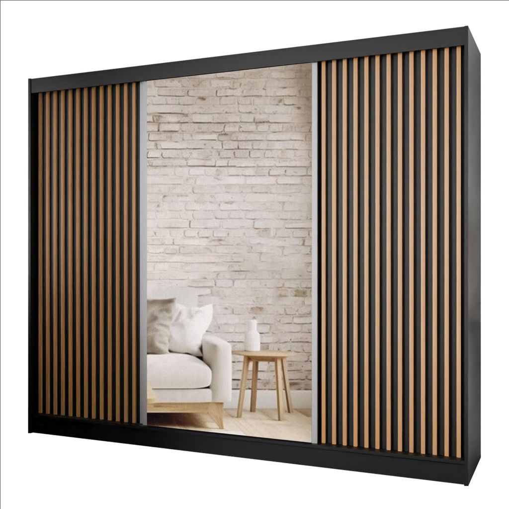 3-türig Kleiderschrank mit Lamellen Paulo stilvoll Schiebtürenchrank mit Spiegel für Kleidung modern Schwebetürenchrank mit Regale und Kleiders...