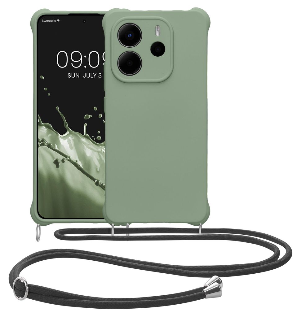 kwmobile Necklace Case kompatibel mit Xiaomi Redmi Note 14 4G (Nicht für 5G) Hülle - Cover mit Kordel zum Umhängen - Silikon Schutzhülle Graugrün