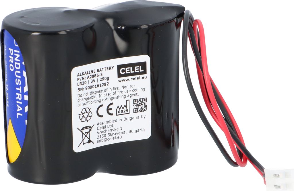 A close-up studio shot of a black alkaline battery pack with a white label and red and black wires.