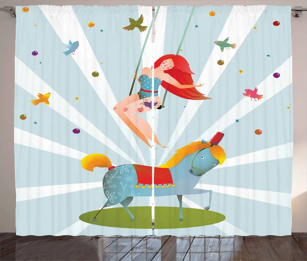 ABAKUHAUS Tenda rustica con caricature, spettacolo circense con pony, tenda con passanti e ganci per camera da letto, 280 x 245 cm, multicolore