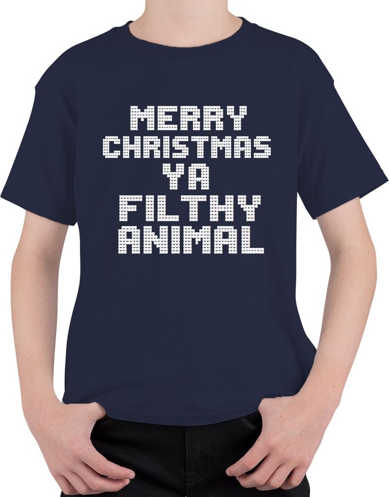 Merry Christmas Ya Filthy Animal Weihnachten Filmzitat Kultspruch Uni Kinder T-Shirt, Navy, 140