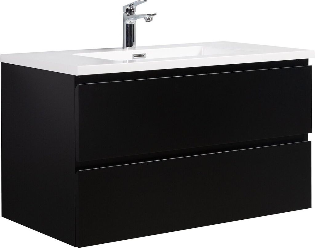Badplaats Badmöbel Set mit Waschbecken und Unterschrank Angela 90 x 48 cm Schwarz Matt - Waschbeckenunterschrank mit Soft-Close und Waschbecken, V...