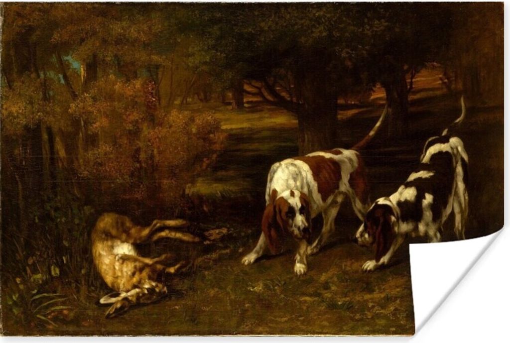 MuchoWow Poster Jagdhunde mit totem Hasen - Gemälde von Gustave Courbet 90x60 cm - Schlafzimmer