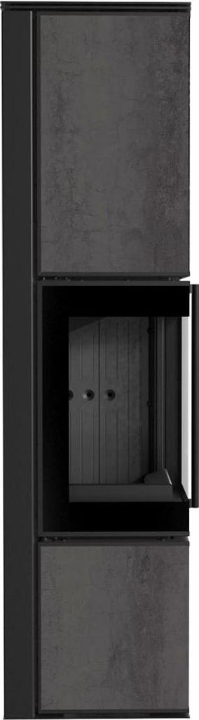 Kaminofen aus Stahl KRATKI TORA/L 8 kW Ø 150 Quarzsinter NATURALI PIETRA DI SAVOIA ANTRANCITE BOCCIARDATA schwarz Verkleidung mit Türfeder