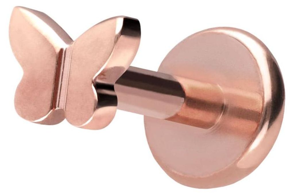 Ohrpiercing, Nasenpiercing Titan Labret mit Push Fit SCHMETTERLING RoséGold Stablänge: 5mm | Stabstärke: 1mm | Discgröße: 3,5mm