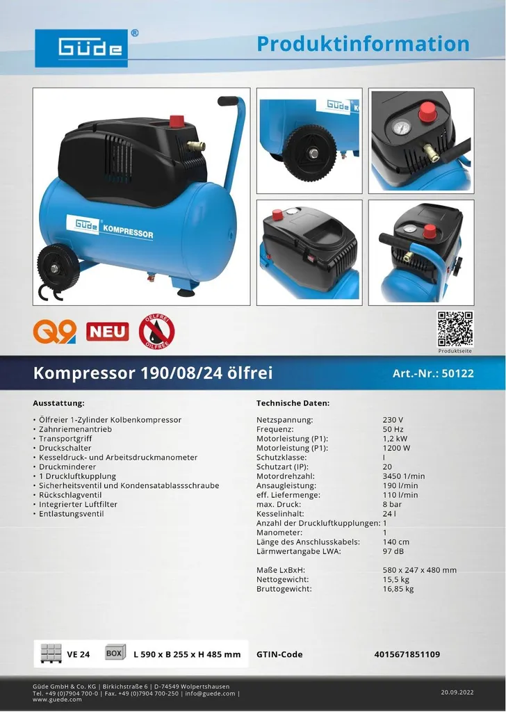 Compresseur Propre Güde 190/8/24 - Air sans Huile pour Travail Net - 11