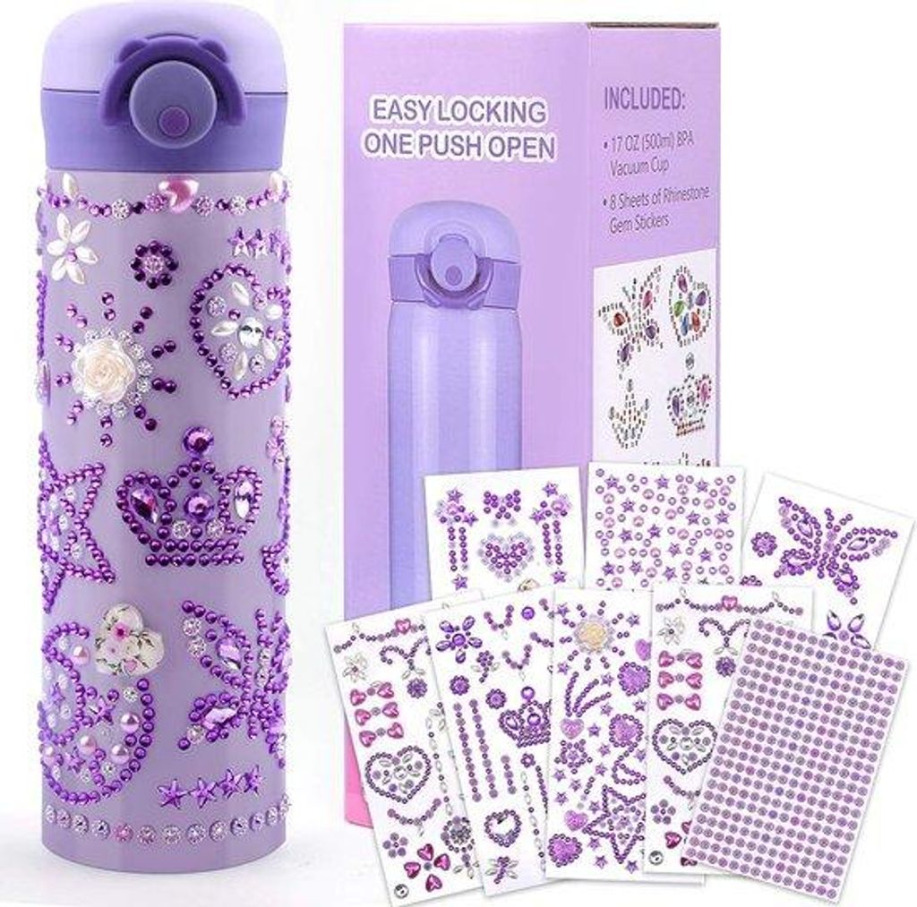Ultiluxe Personalisierte lila Trinkflasche für Kinder mit Strass Edelsteinstickern - DIY Bastelset - BPA-frei - 500ml