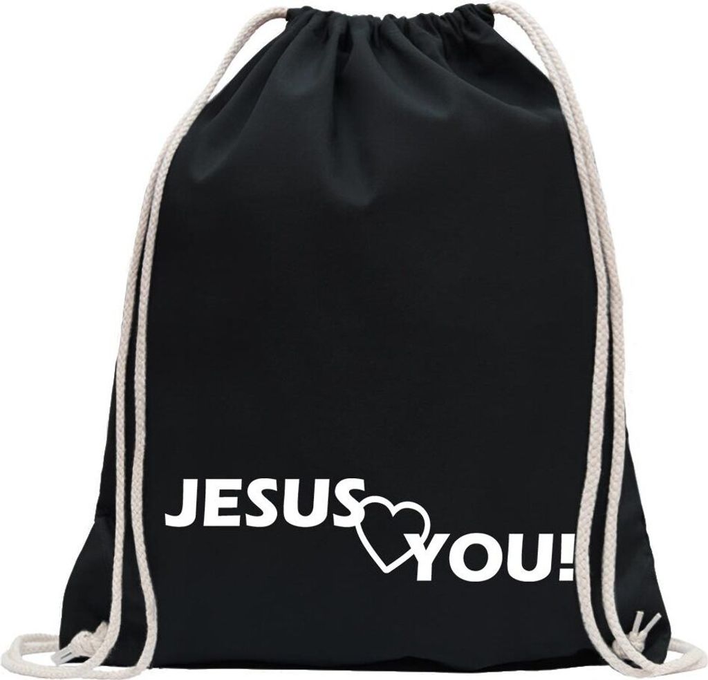 Kiwistar - Turnbeutel - schwarz - Jesus love you Christentum - Fun Rucksack Sport Beutel Gymsack Baumwolle mit Ziehgurt