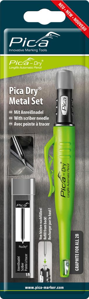 The image shows the packaging of a Pica Dry Metal Set, which includes a pencil and a scriber needle.