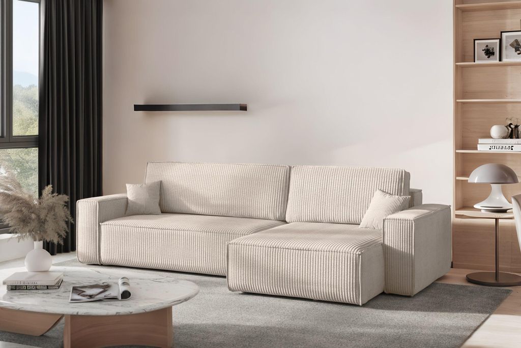 Kaiser Möbel Ecksofa mit schlaffunktion und bettkasten BEST XL, stoff Poso Dicker Cord, Beige, Rechts