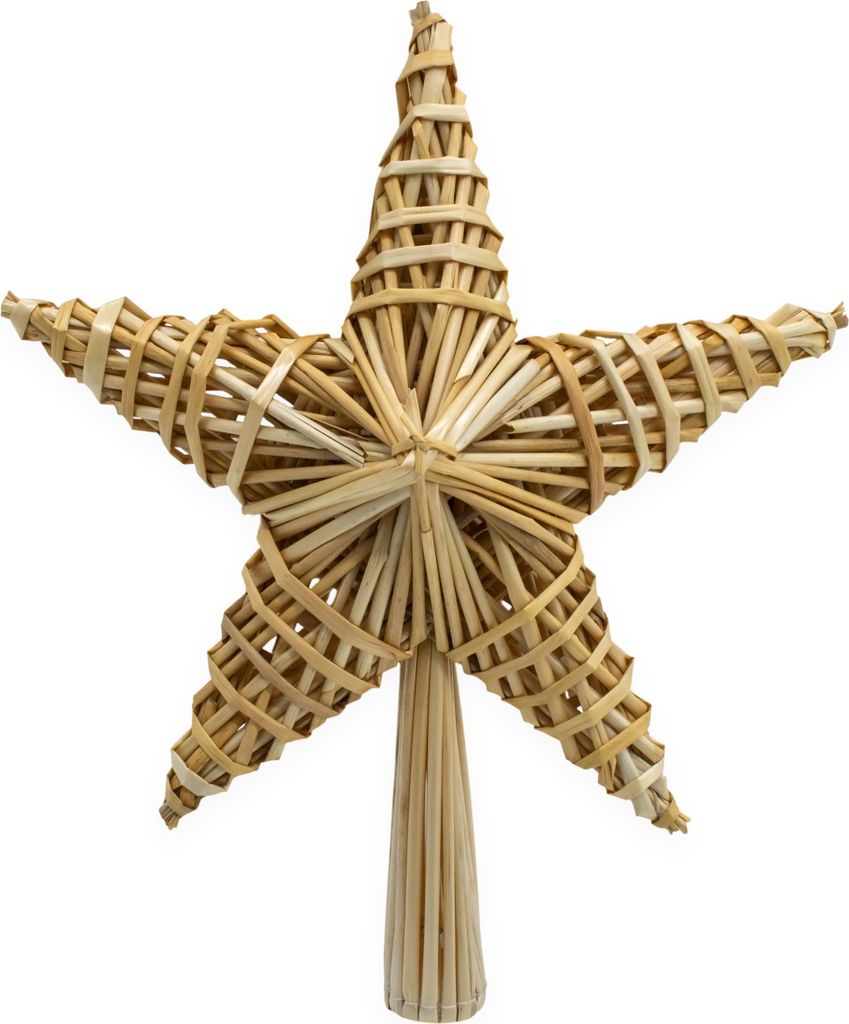 A straw star-shaped tree topper against a white background.