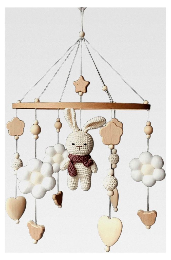Gehäkeltes Baby-Mobile Hase – Mädchen Krippen-Dekoration aus Holz, Häkelhase für Babybett-Anhänger, Neutraler Waldtier-Nursery-Schmuck – H...
