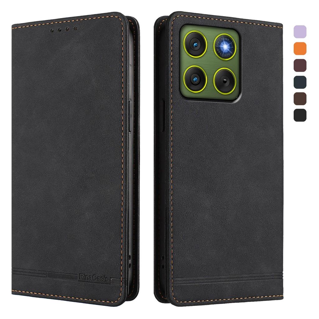 Hülle für Motorola Edge 70, Retro Kunstleder Ständer Klapphülle mit Kartenfächer und Magnetische Schwarz