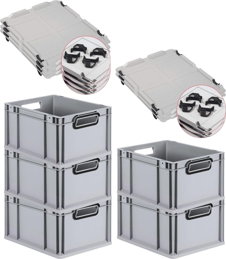 SparSet 5x Eurobox NextGen Color mit Auflagedeckel und Schiebeschnappverschlüsse | HxBxT 22x30x40cm | 20 Liter | Grau | Griffe schwarz offen | Gla...