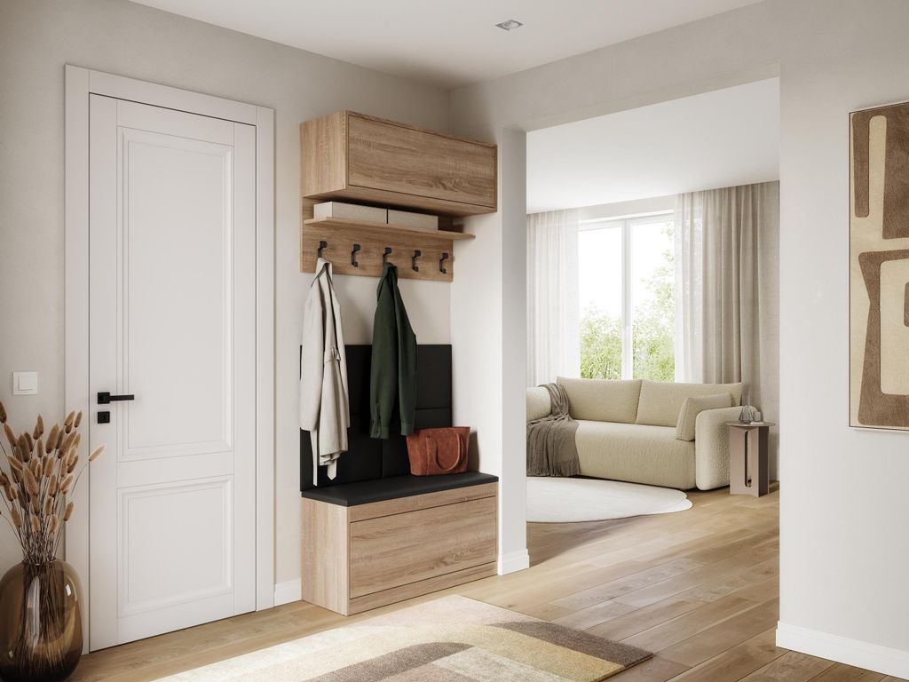 Platan Room Wand-Garderobe Set mit Garderobenpaneel & Schuhschrank & Hängeschrank 100 cm Flurgarderobe Garderobenset Flur Eiche Holz Weiß