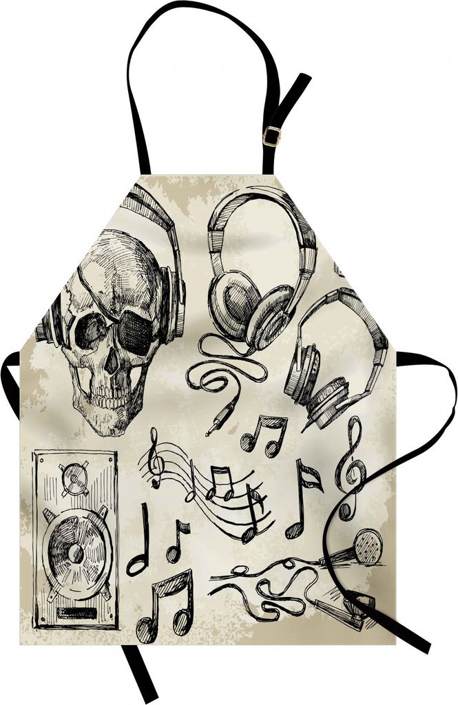 ABAKUHAUS Musik Kochschürze, Flüchtiger Hintergrund-Hippie-Schädel mit Kopfhörer-Plattenspieler Mic-Sprecher-Druck, Farbfest Höhenverstellbar ...