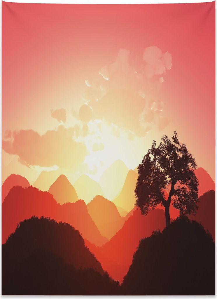 Abakuhaus Natur Wandteppich, Sonnenuntergang-Baum-Berge aus Weiches Mikrofaser Stoff Kein Verblassen Klare Farben Waschbar, 110 x 150 cm, Dunkelbra...