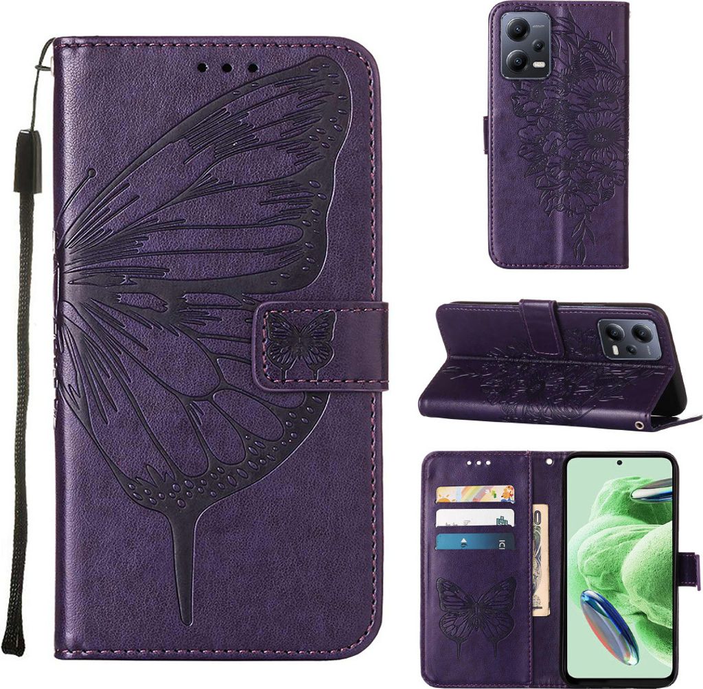 Lederhülle für Xiaomi Poco X5 /Redmi Note 12 5G Schmetterling Prägung Flip Ledertasche Kartenfächer Handyhülle mit Ständer Lila