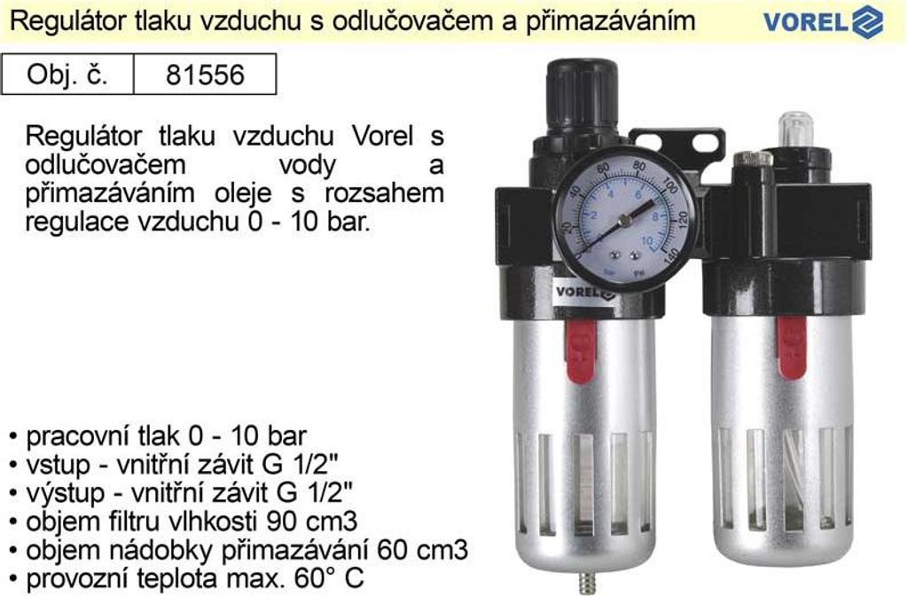 VOREL Luftdruckregler mit Abscheider und Schmierung, 1/2", Druckreduzierventil 81556