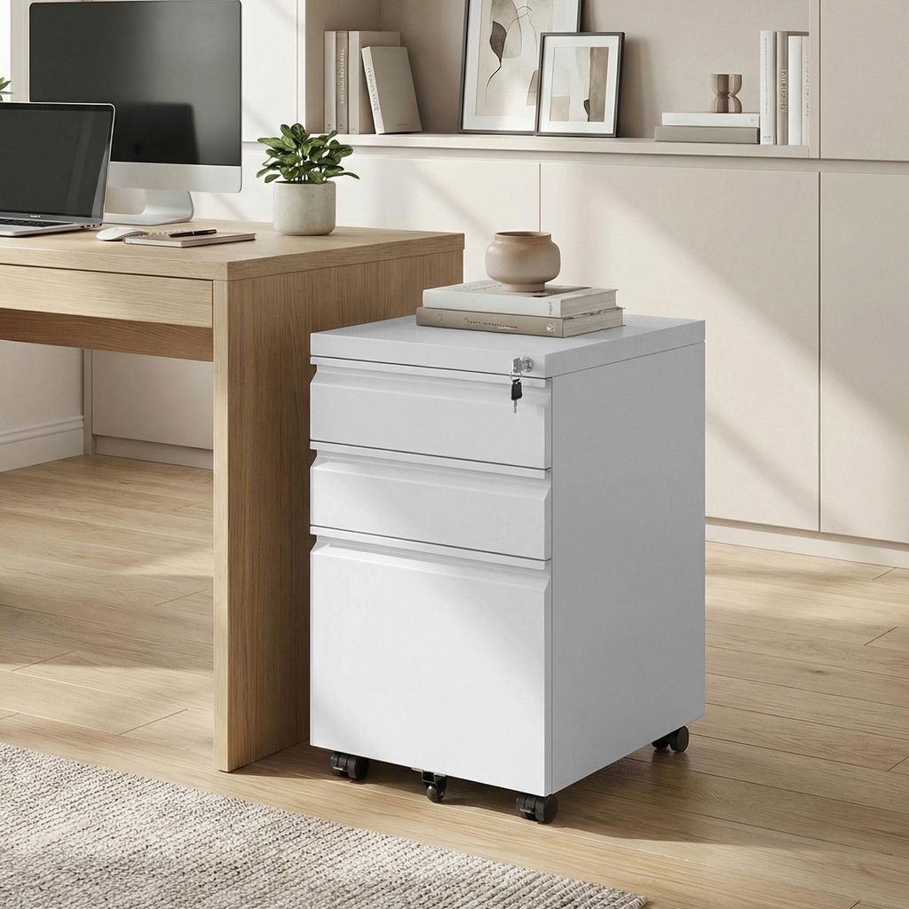 SONGMICS Büroschrank aus Stahl mit 3 Schubladen, abschließbarer Rollcontainer, für Homeoffice, Druckerständer, weiß