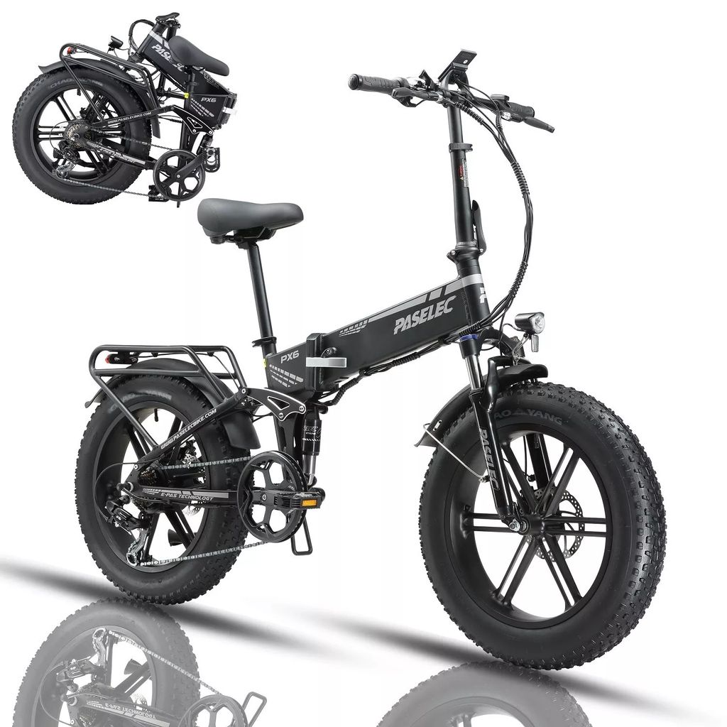 A black foldable electric bicycle is shown against a white background. Another view of the folded bicycle is in the upper left corner.