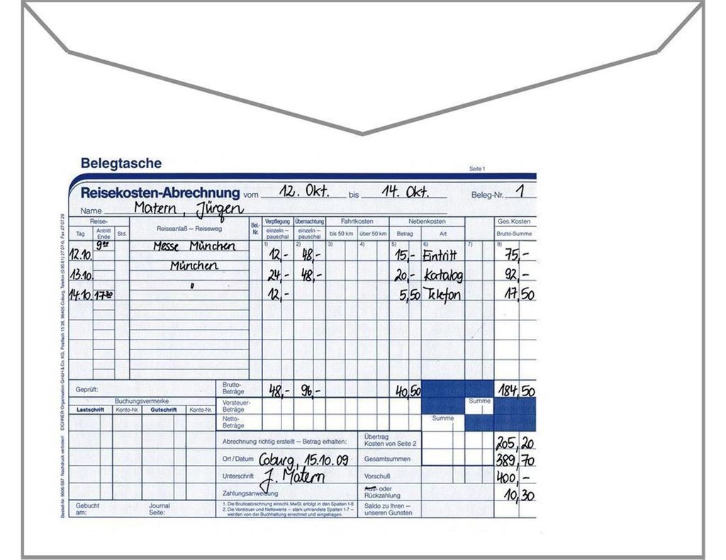 Umschlag mit aufgedruckter Reisekostenabrechnung, DIN C5, 228 x 162 mm, Weiß, Verpackungseinheit: 50 STK