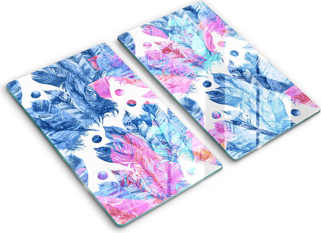Abdeckung Glas - Küchenabdeckung - 2x30x52 cm - Abdeckplatte -Federn-Boho-Illustration
