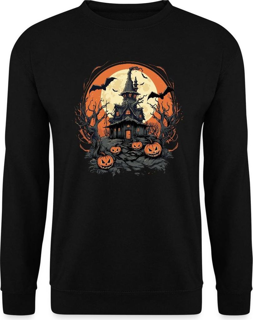 Spreadshirt Halloween Spukhaus Mit Kürbissen Und Vollmond Uni Pullover, M, Schwarz