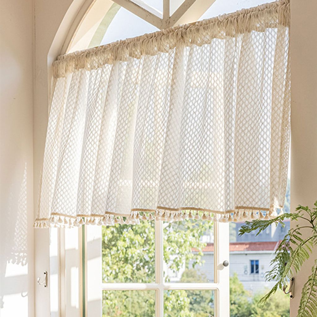 Scheibengardine Boho Vintage Spitze Creme Bistrogardine mit Quaste Kurze Vorhang für Küche Wohnzimmer Schlafzimmer, BxH:71x61cm