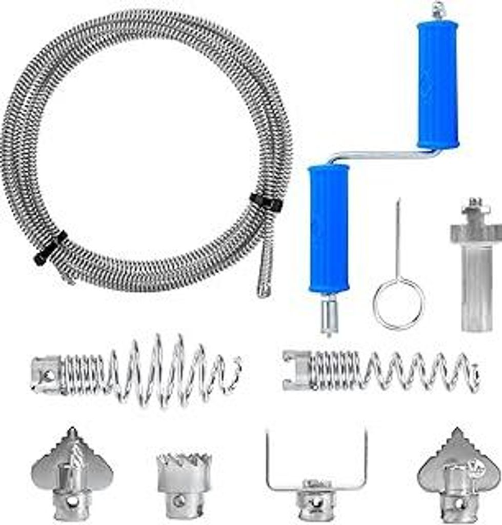 Rohrreinigungsspirale 5M ø12MM mit 6 Stück Abflussreiniger Schneidkopf Abflussspirale Rohrreinigung mit Elektrischen/Manuellen Adaptern für Toil...