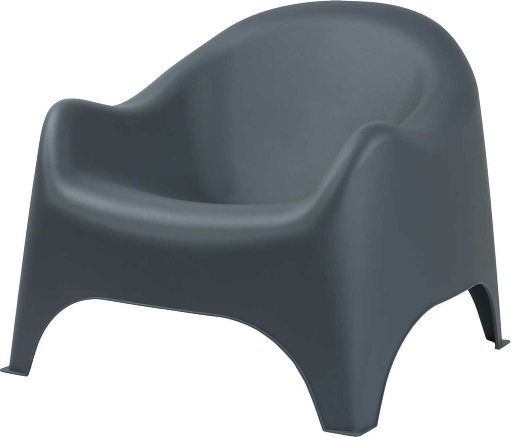 A dark gray plastic garden chair with a curved back and armrests, shown from the front.