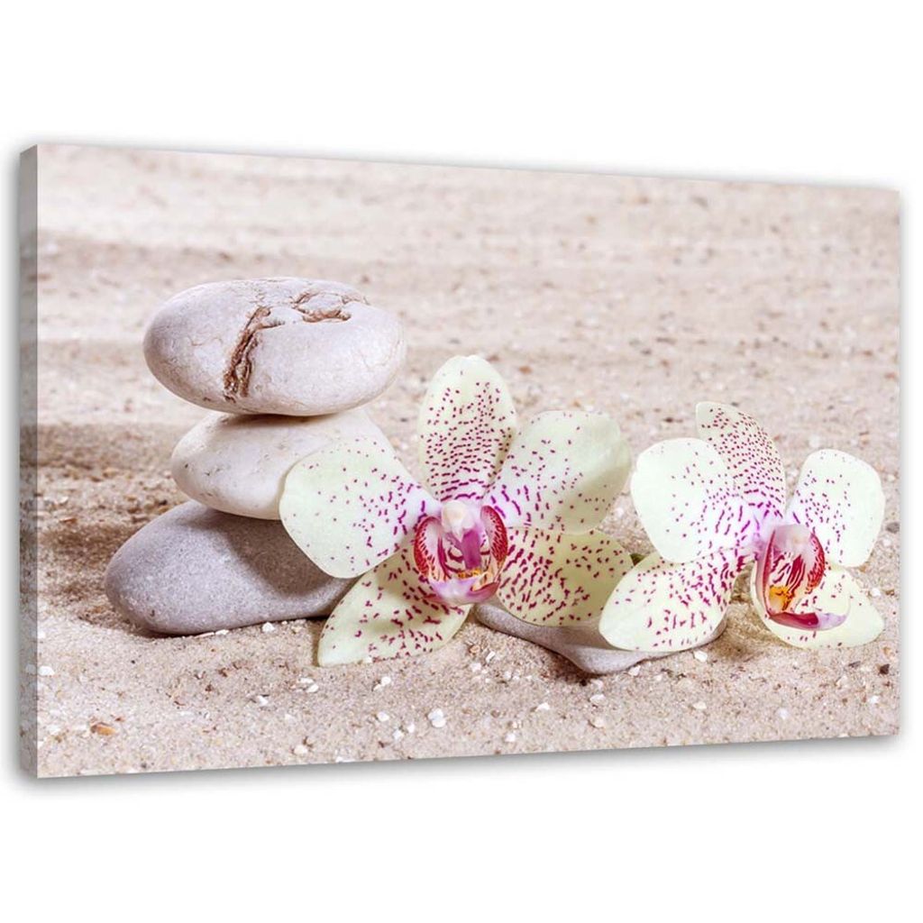 Leinwandbild orchidee und steine auf sand 60x40 cm Feeby rosa wandbild bereit zum aufhängen