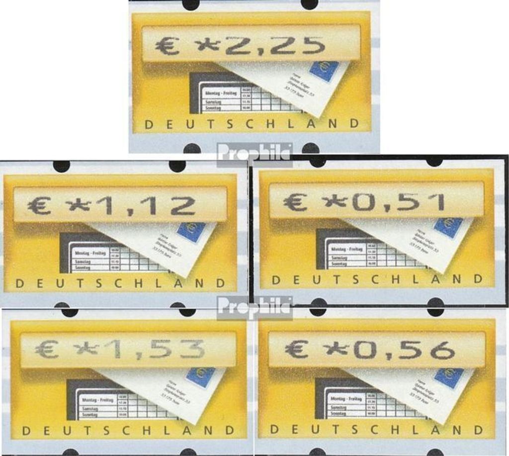 Briefmarken BRD (BR.Deutschland) 2002 Mi ATM5, Satz 2 (0,51,0,56, 1,12,1,53,2,25) postfrisch Automatenmarke