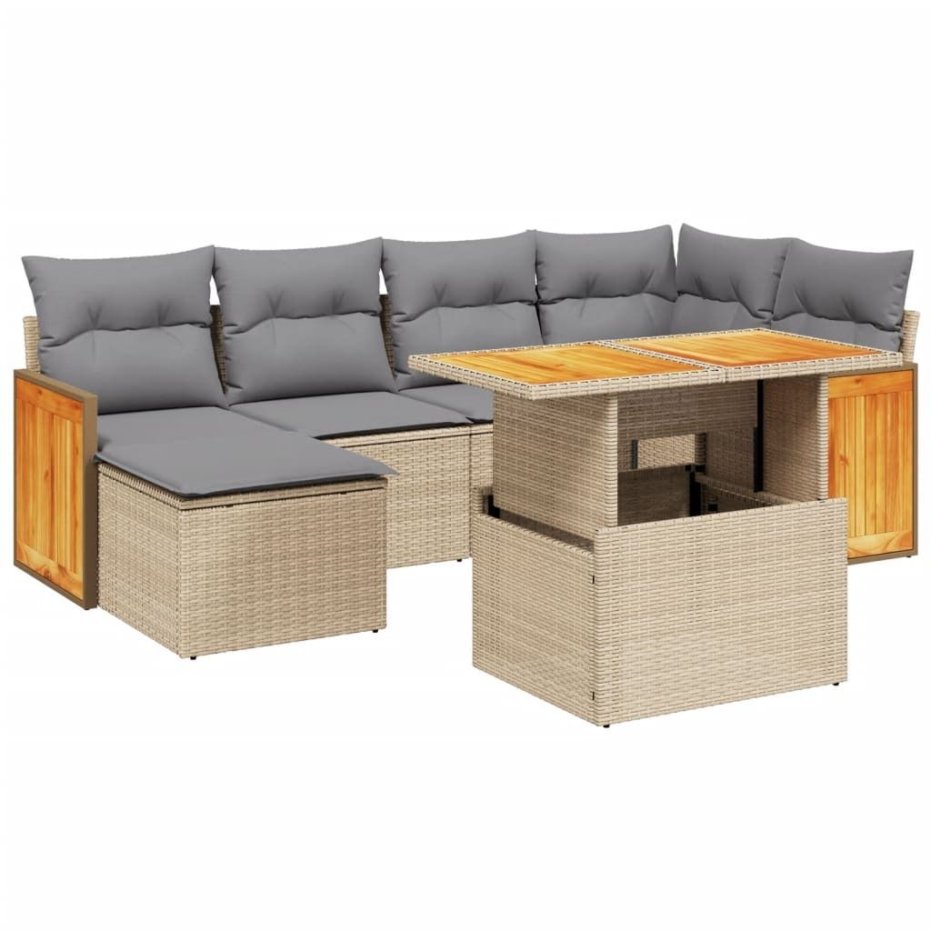 7-tlg. Garten-Sofagarnitur mit Kissen Beige Poly Rattan