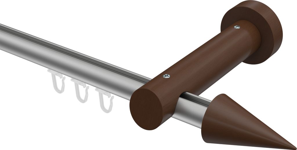 Interdeco Innenlaufstange / Gardinenstange mit Innenlauf Silbergrau / Nussbaum lackiert, Typ Talent Siveo (Kegel), 20 mm Ø 1-läufig, 240 cm