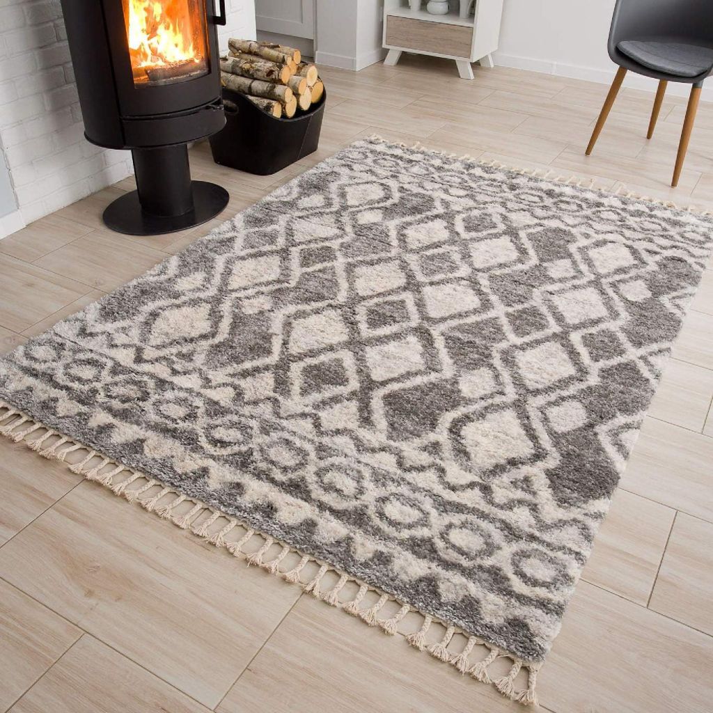 Teppich Wohnzimmer Schlafzimmer Creme Grau Fransen Langflor Boho Geometrisch 200 x 300 cm