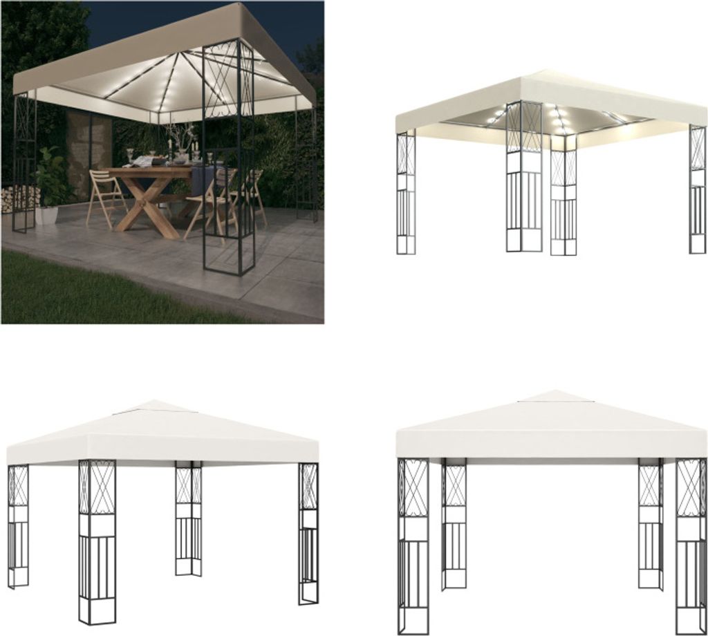 vidaXL Pavillon mit LED Lichterkette 3x3 m Creme Stoff - Gartenpavillon - Gartenpavillons - Pavillon - Pavillons