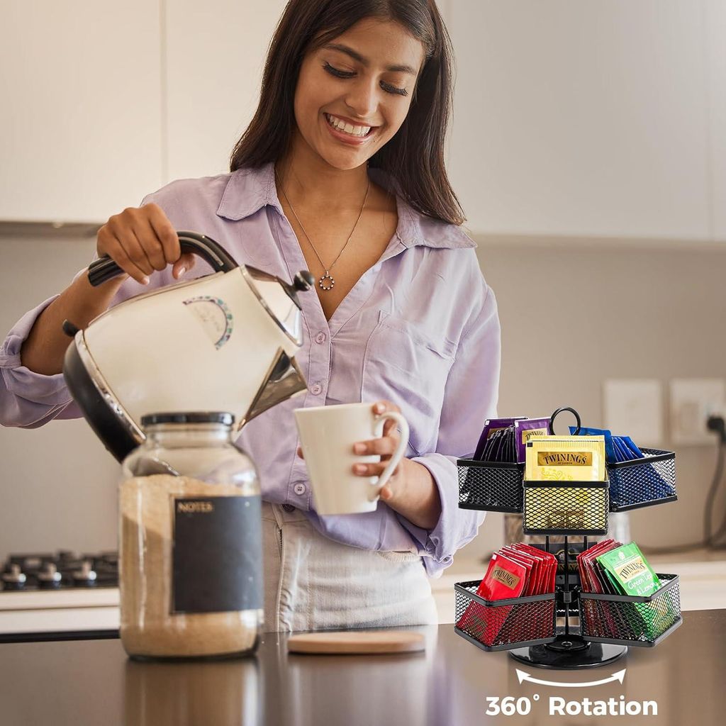 Drehbarer Teebeutel-Organizer - Lazy Susan Tee-Aufbewahrungsorganizer - 2 Ebenen mit 6 Fächern - Tee-Gewürz-Küchenschrank Vorratsregal - Schwarz