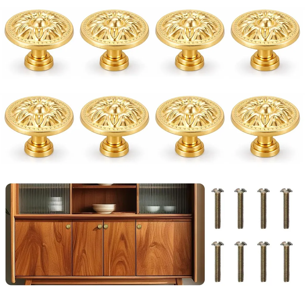 Boutons de meuble ronds dorés style ancien avec fleurs gravées x8