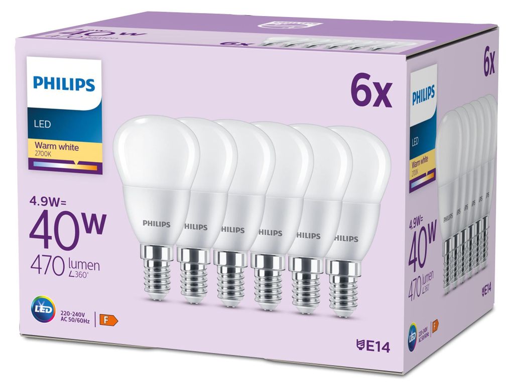 Philips Svíčka 40 W P45 6× E14, 4,9 W, 40 W, E14, 470 lm, Obrázek produktu 
