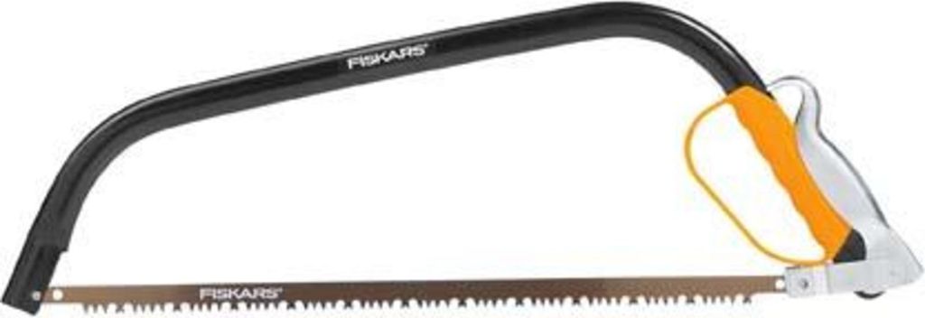 A Fiskars bow saw is shown against a white background.