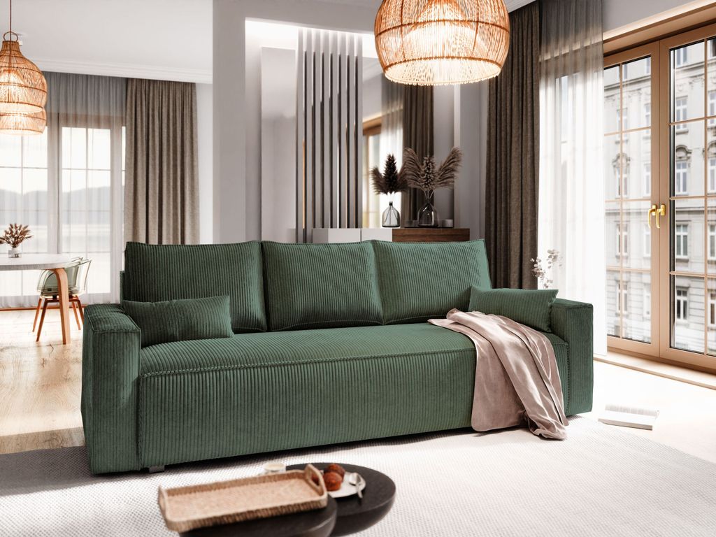 Sofa MENI Grün Kordstoff mit Schlaffunktion, Sofa mit Bettkasten, Sofa mit Bettkasten, Wohnzimmersofa, Couch, Soffa, Bettsofa, Couchgarnitur- Grü...