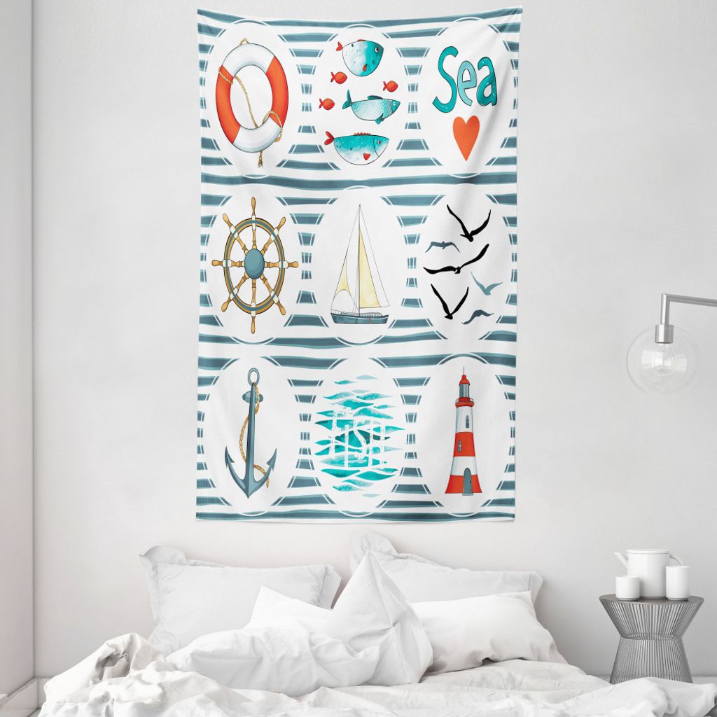 ABAKUHAUS Nautisch Wandteppich und Tagesdecke, marine-Collage aus Weiches Mikrofaser Stoff Waschbar ohne Verblassen Digitaldruck, 140 x 230 cm, Wei...