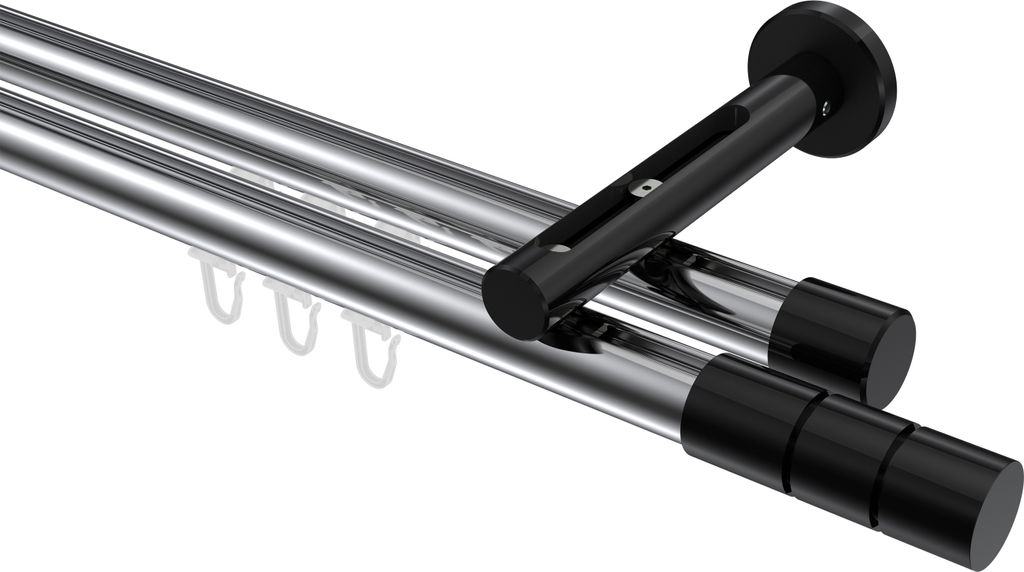 Interdeco Innenlaufstange / Gardinenstange mit Innenlauf Chrom / Schwarz, Typ Siteno Elanto (Rillenzylinder), 20 mm Ø 2-läufig, 120 cm